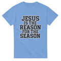 Light blue t-shirt with 'Jesus is the Reason for the Season' text on a white background