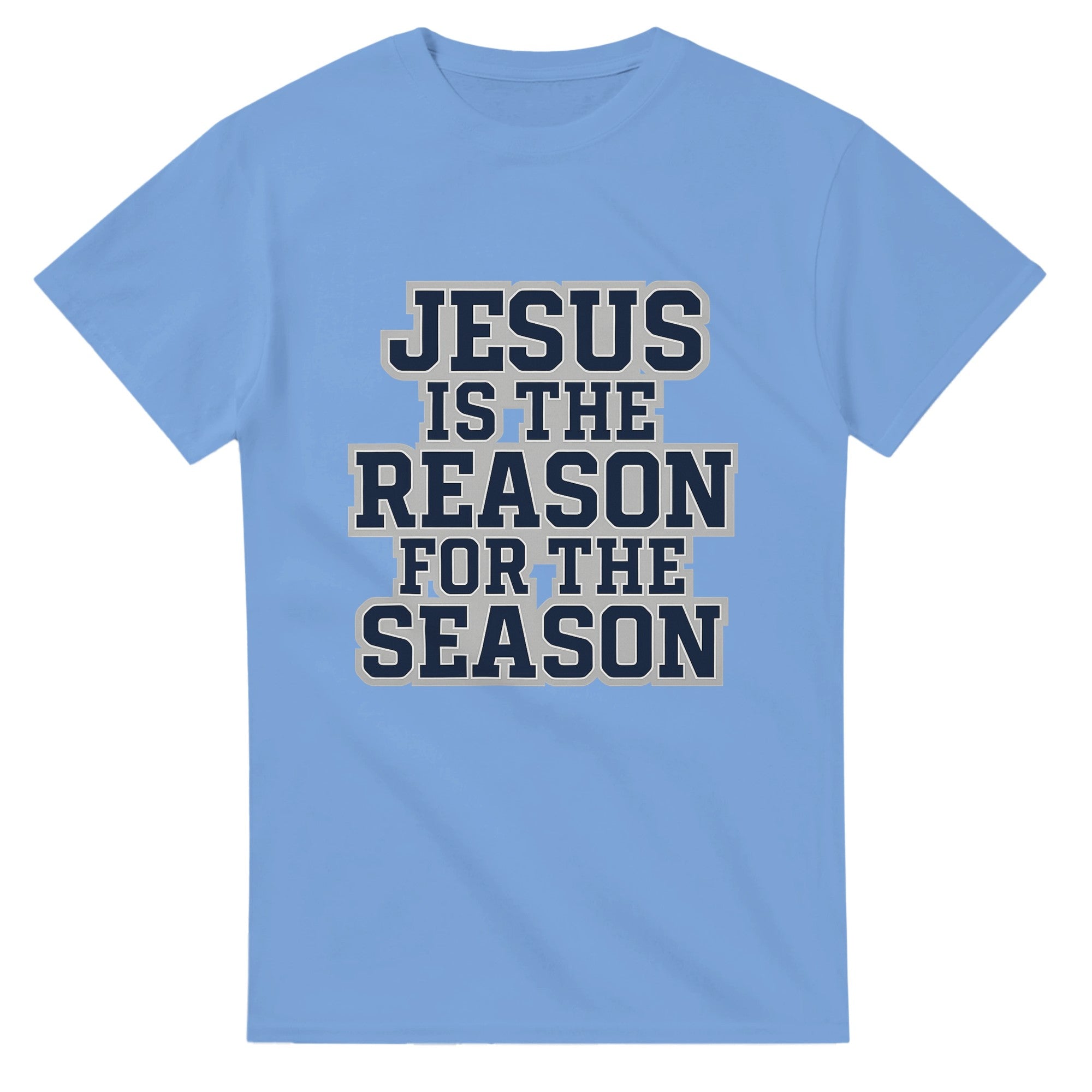 Light blue t-shirt with 'Jesus is the Reason for the Season' text on a white background