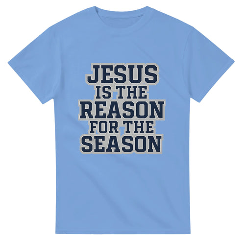 Light blue t-shirt with 'Jesus is the Reason for the Season' text on a white background