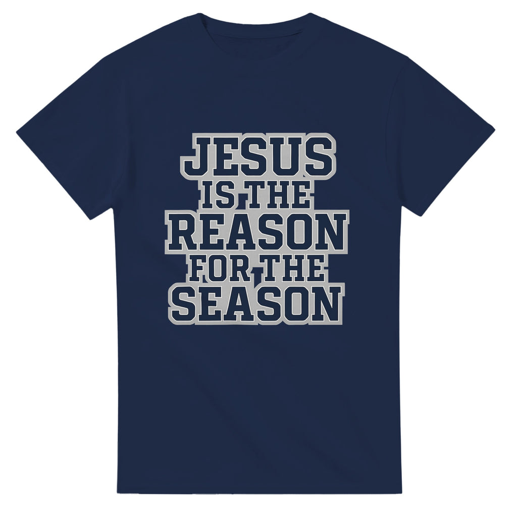 Navy blue t-shirt with 'Jesus is the Reason for the Season' text on a white background