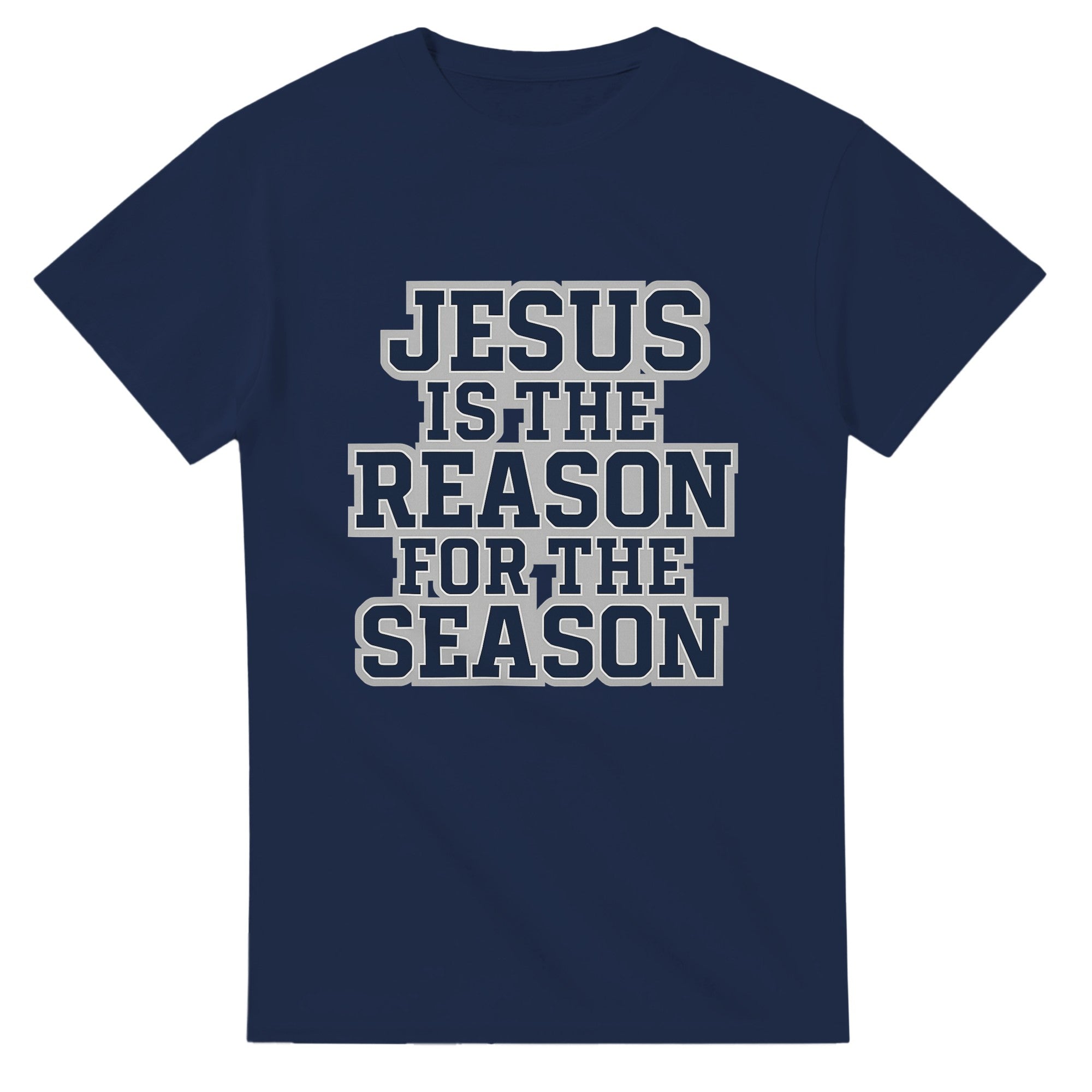 Navy blue t-shirt with 'Jesus is the Reason for the Season' text on a white background