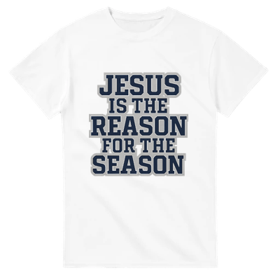 White t-shirt with 'Jesus is the Reason for the Season' text on a white background