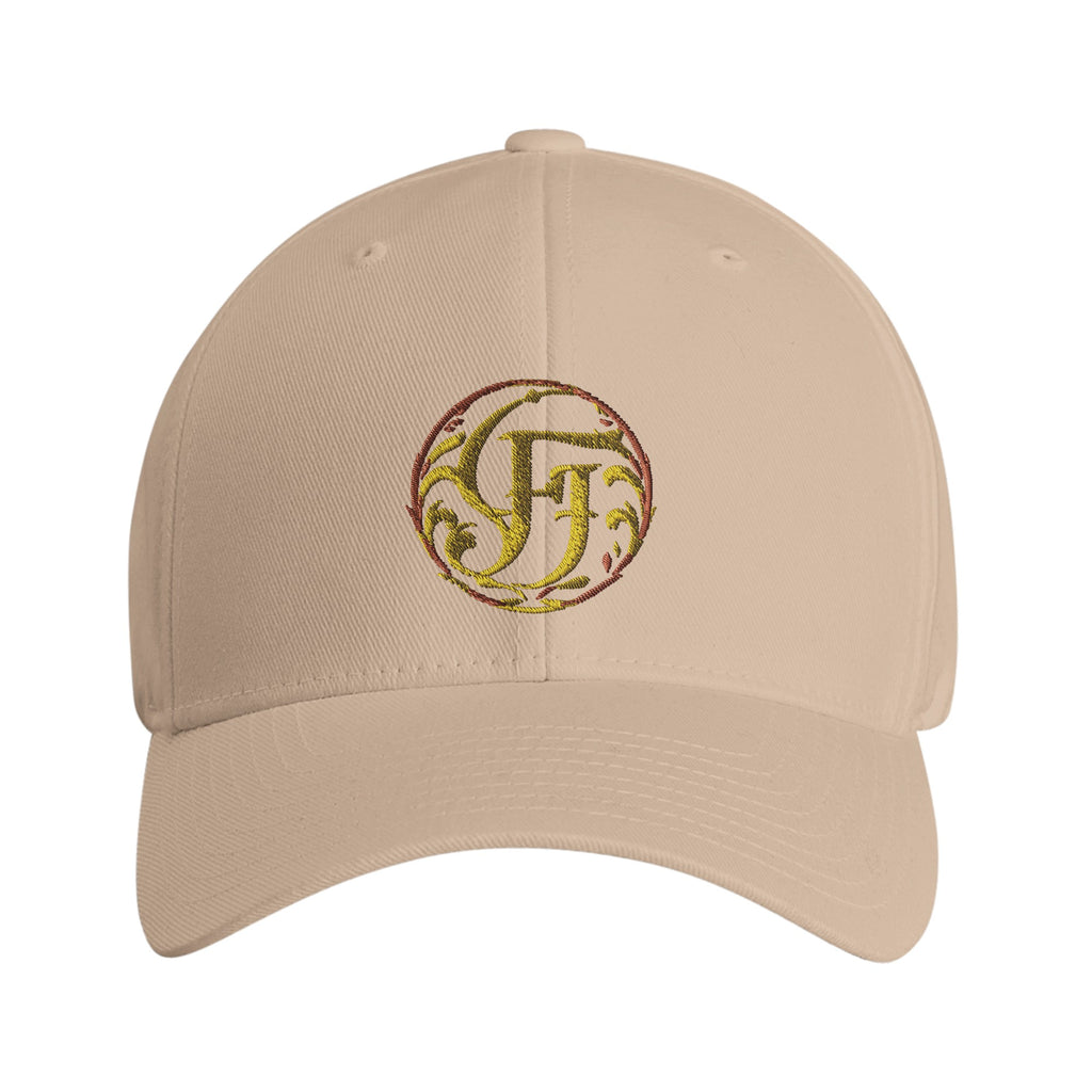 Beige cap with embroidered logo on a white background