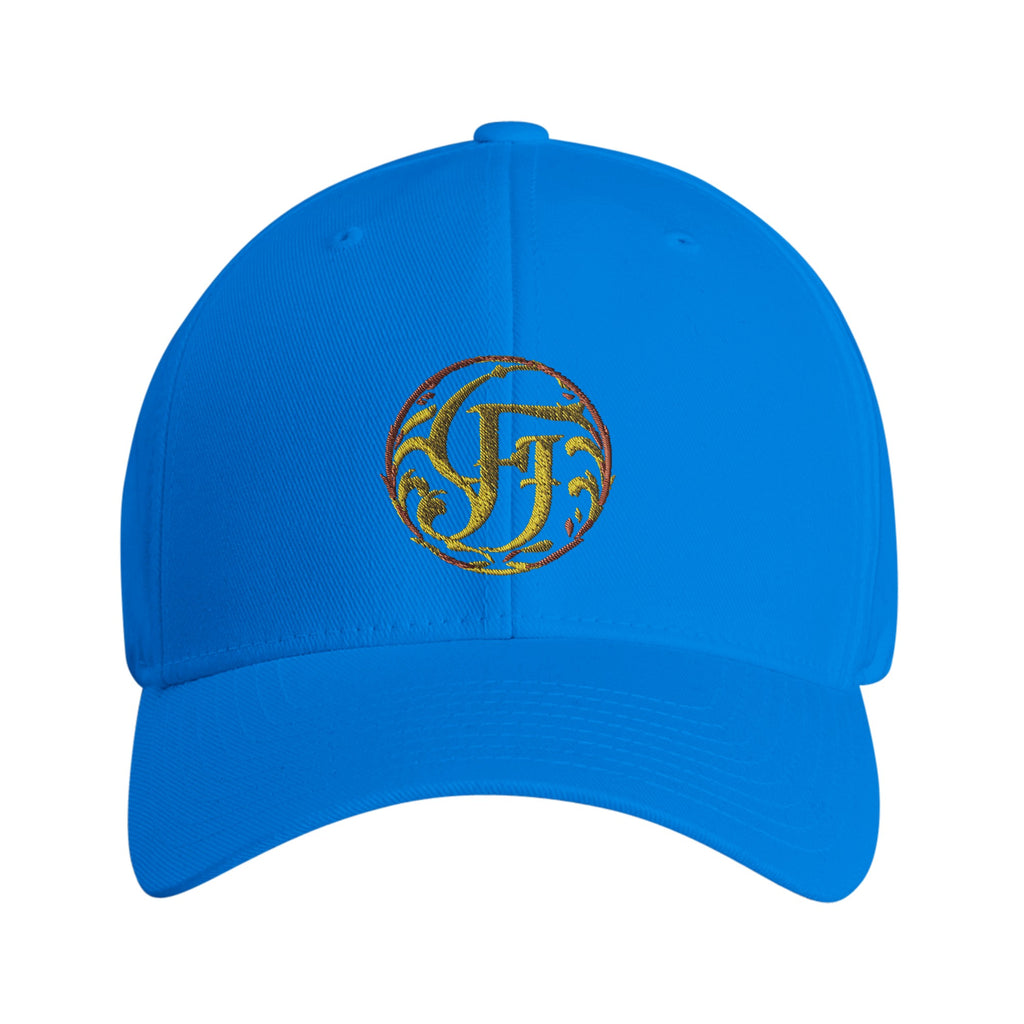 Blue cap with a gold emblem on a white background