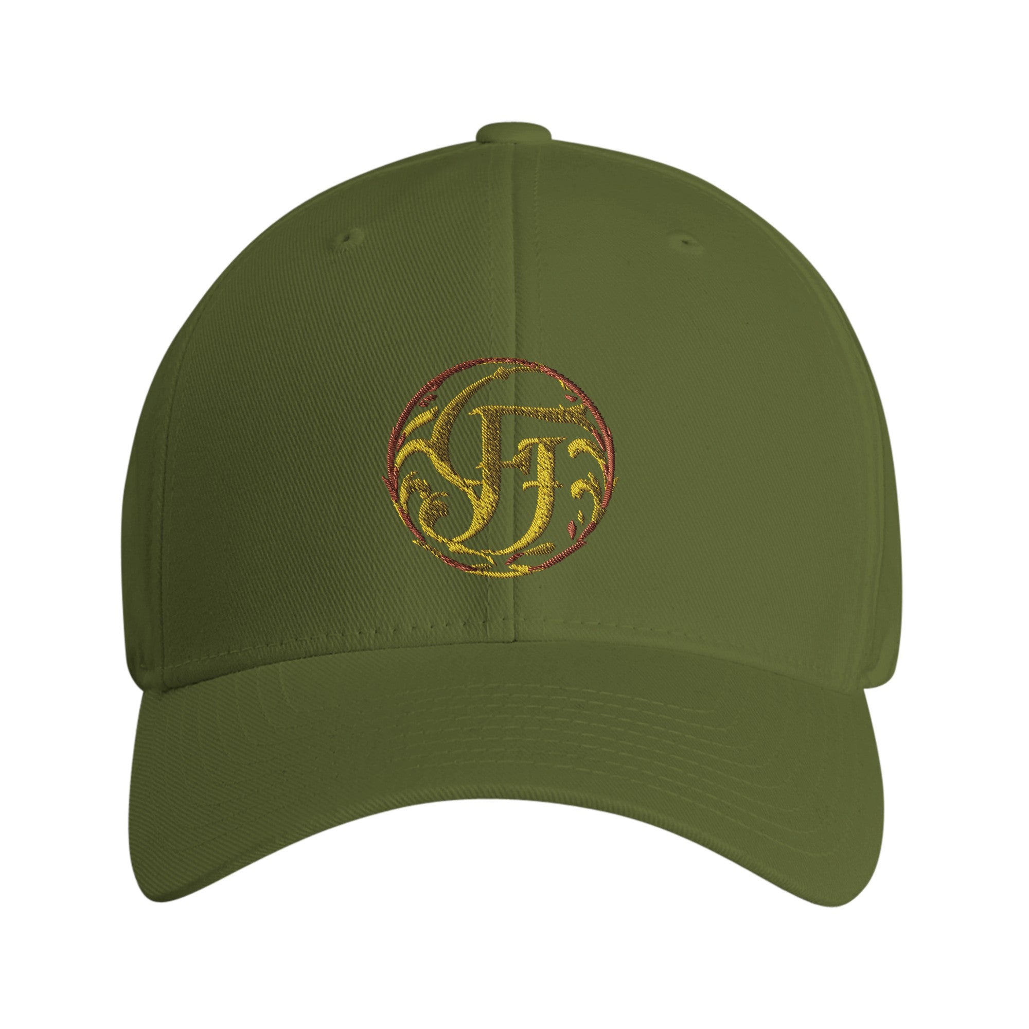 Green cap with embroidered logo on a white background