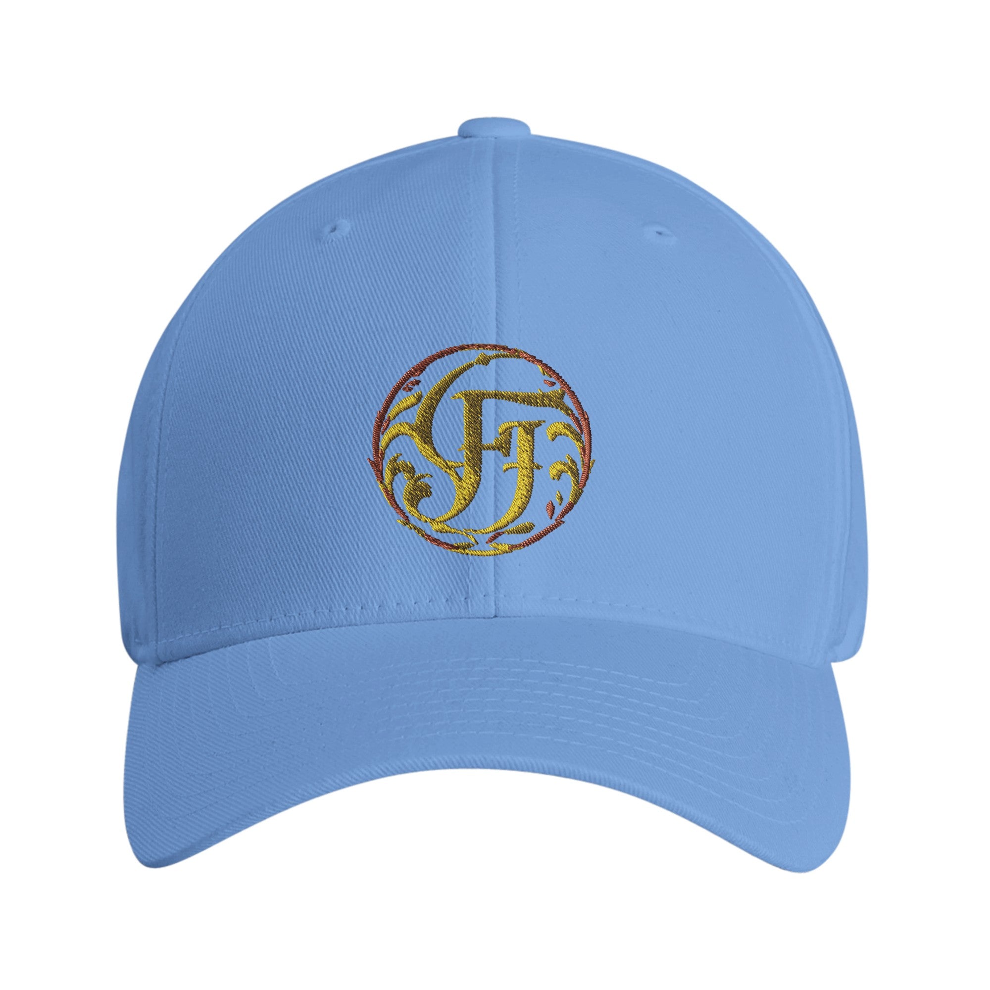 Light blue cap with embroidered logo on a white background