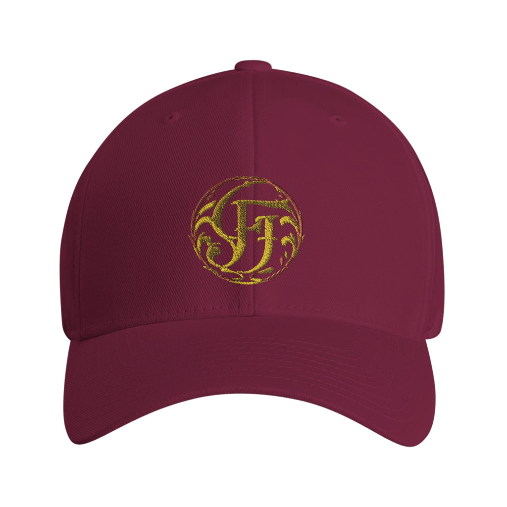 Maroon cap with gold emblem on a white background