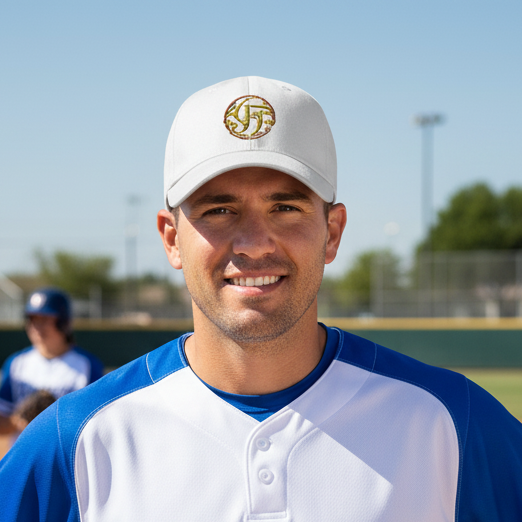 Baseball player in a white and blue uniform with a cap on a baseball field.