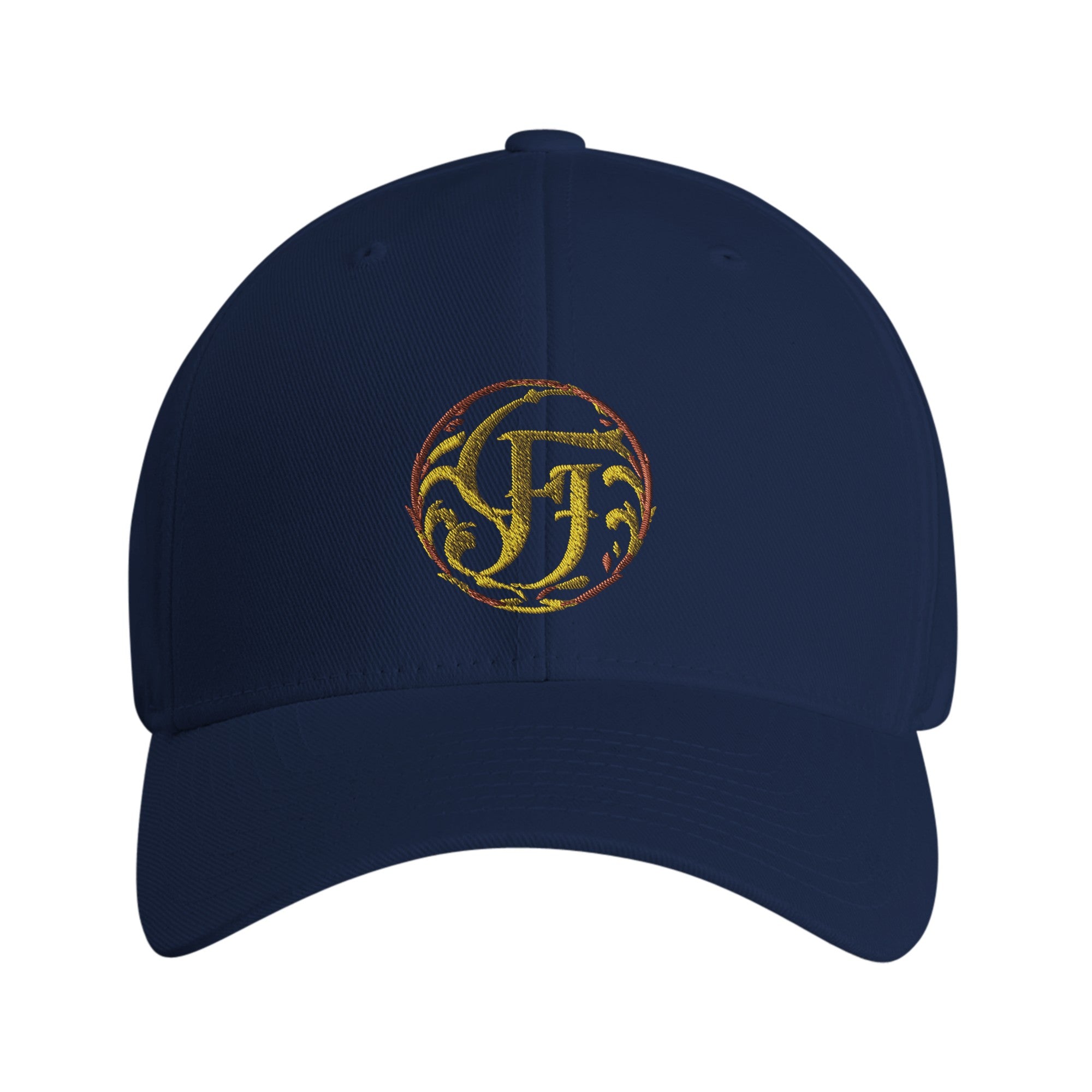 Navy blue cap with gold embroidered logo on a white background