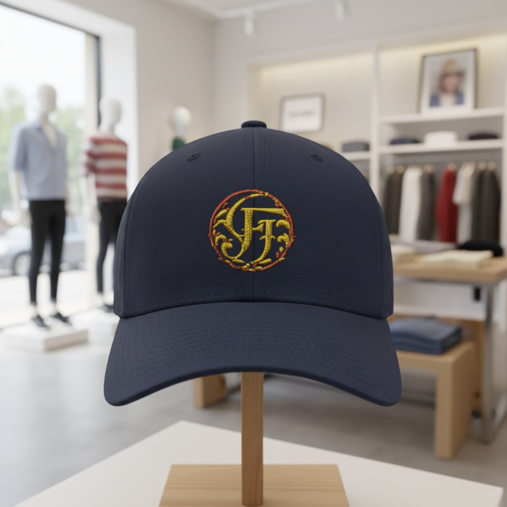 Navy blue cap with embroidered logo on a wooden stand in a clothing store setting