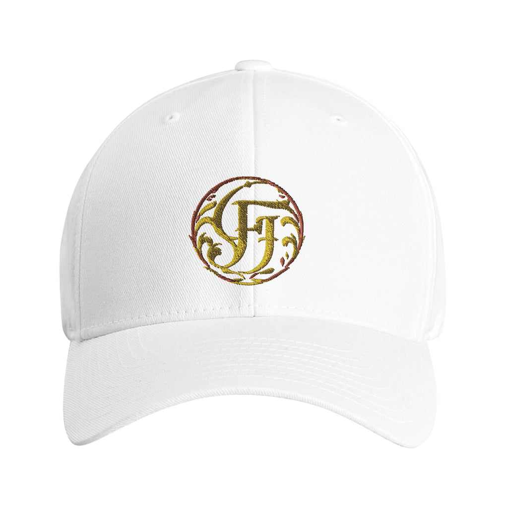 White cap with a gold and brown logo on a white background
