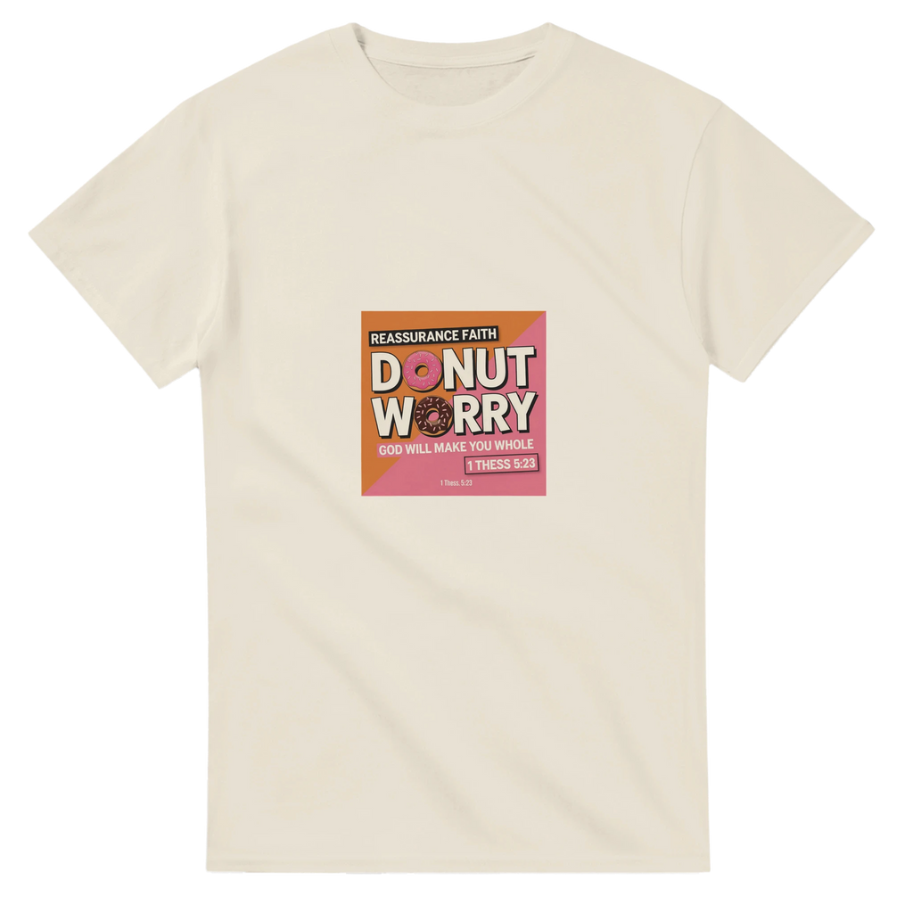 Beige t-shirt with a graphic design featuring text and a donut on a white background