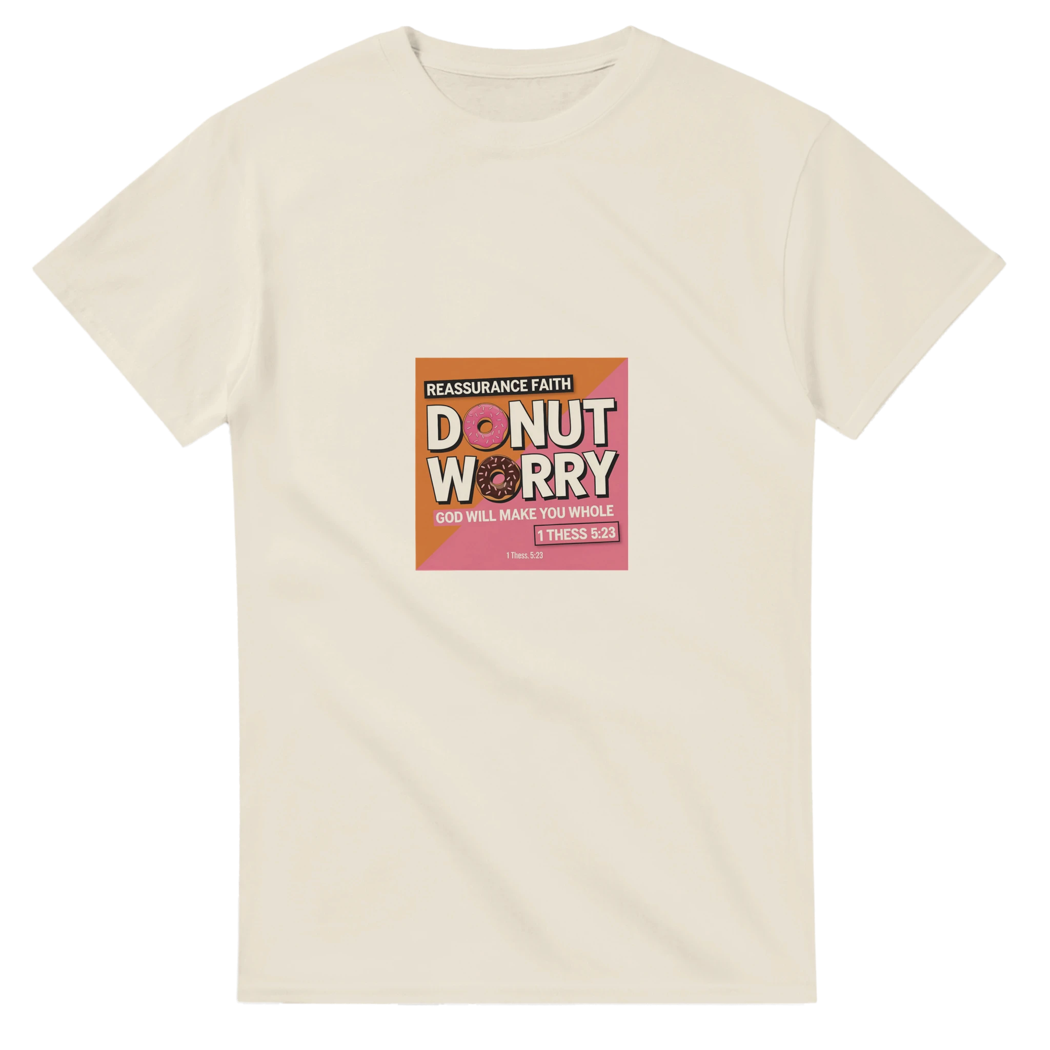Beige t-shirt with a graphic design featuring text and a donut on a white background