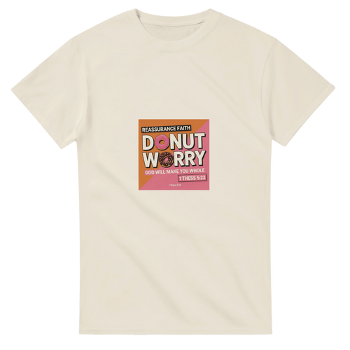 Beige t-shirt with a graphic design featuring text and a donut on a white background