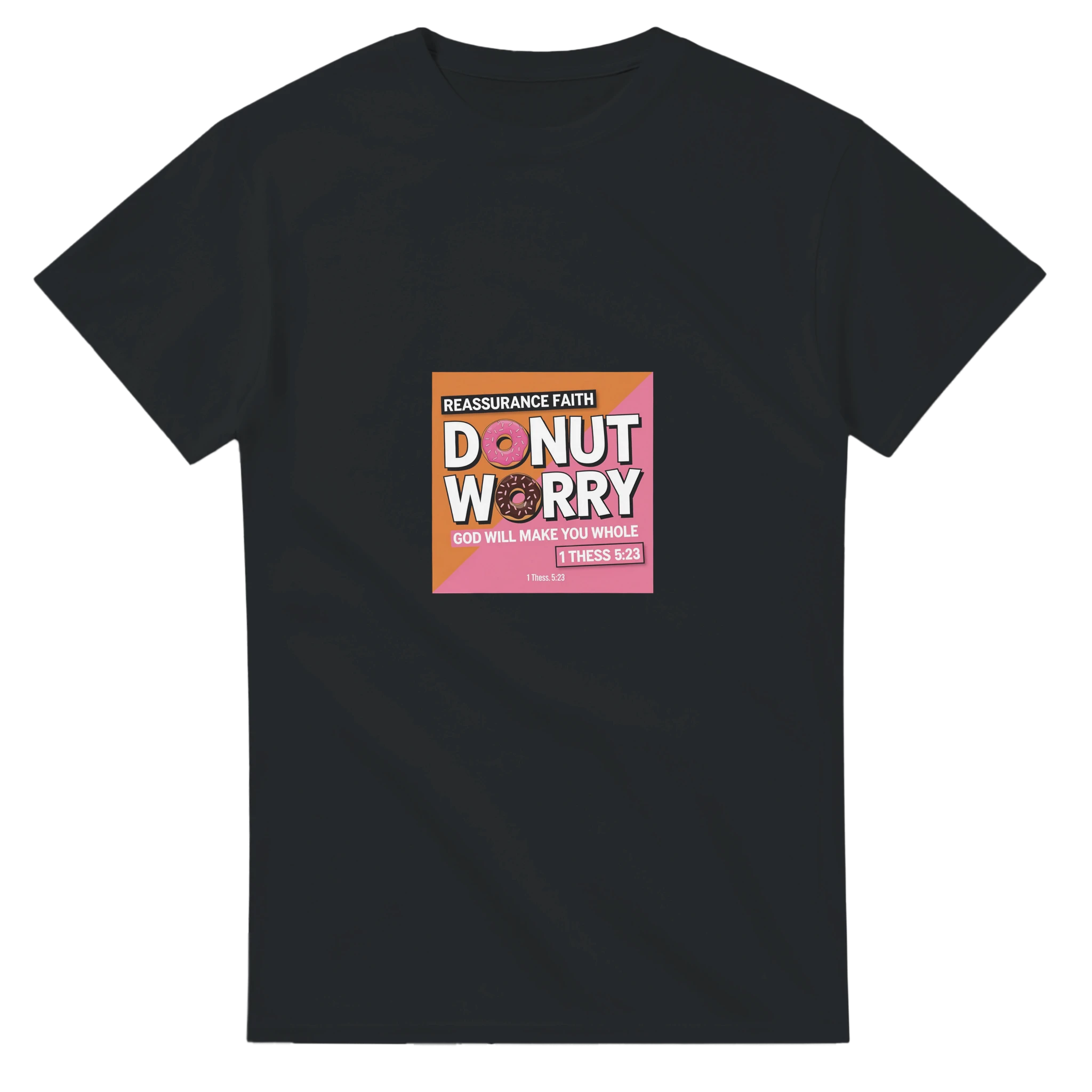 Black t-shirt with a colorful graphic on the chest