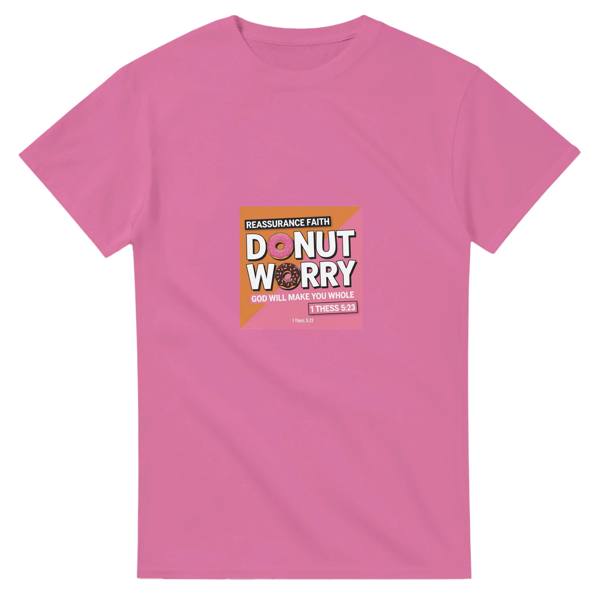 Pink t-shirt with a graphic design on a white background