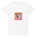 White t-shirt with a colorful graphic and text on a white background