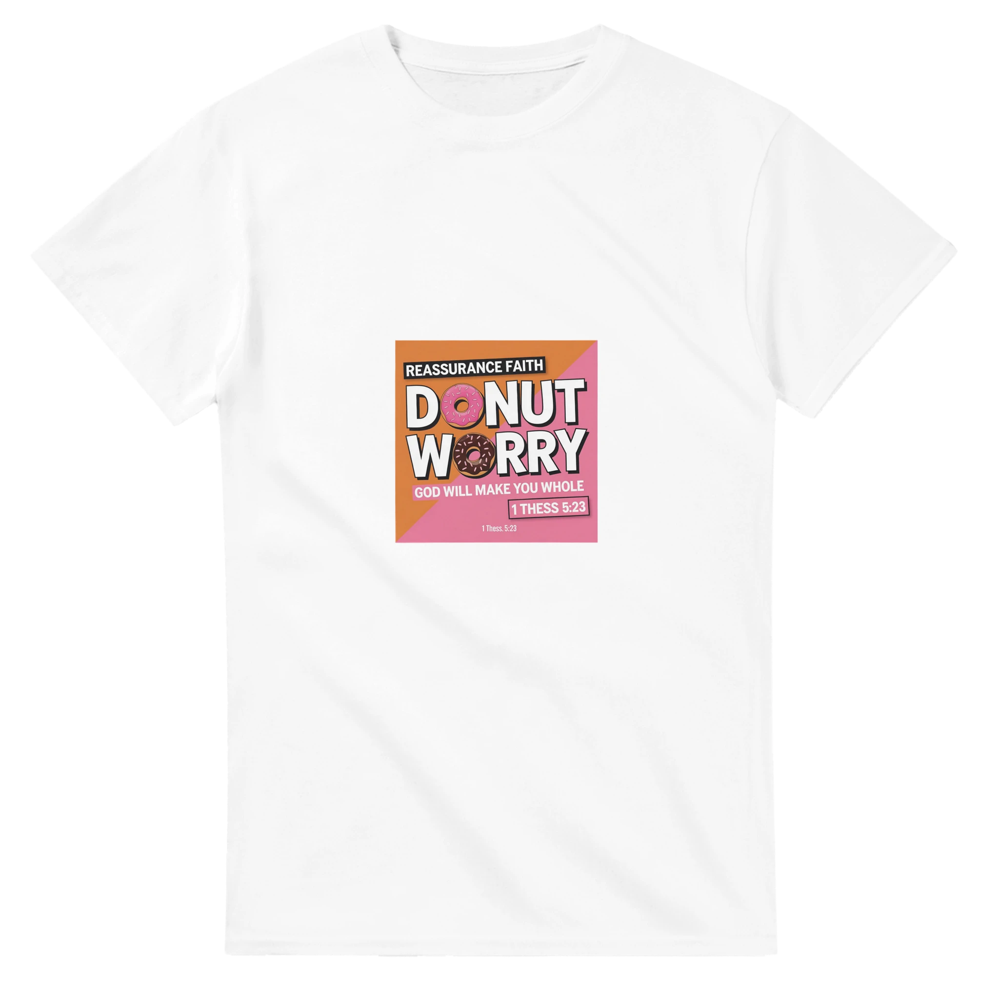 White t-shirt with a colorful graphic and text on a white background