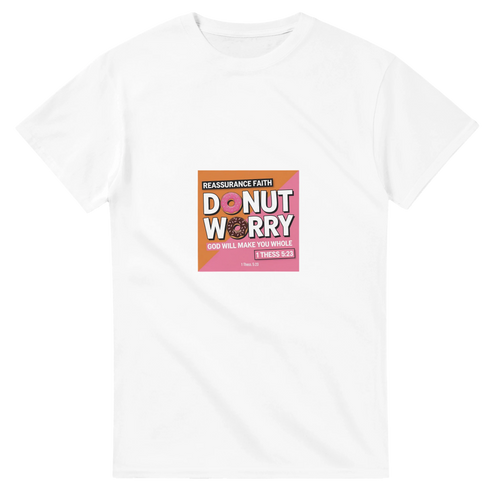 White t-shirt with a colorful graphic and text on a white background