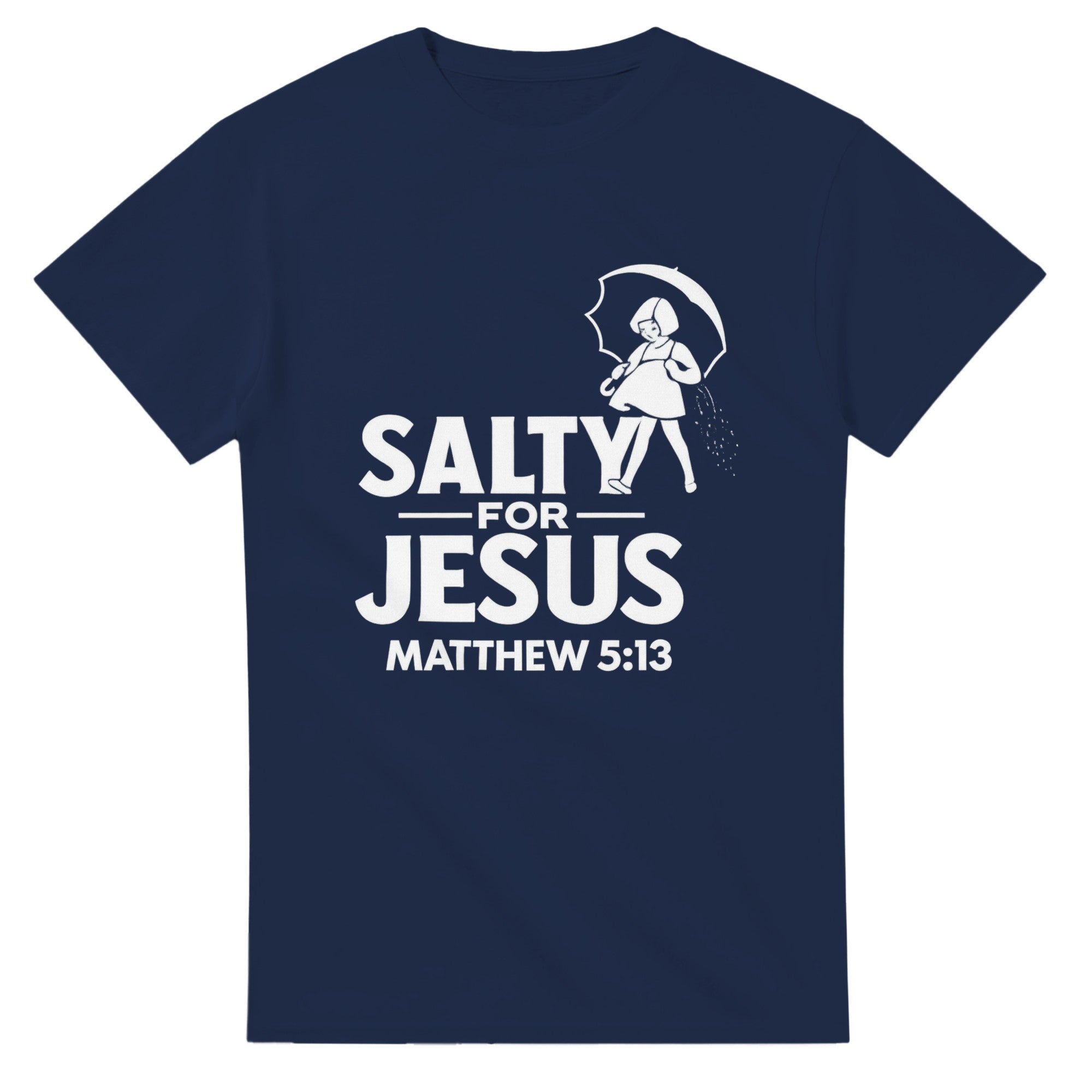 Navy blue t-shirt with white graphic and text 'Salty for Jesus Matthew 5:13' on a white background