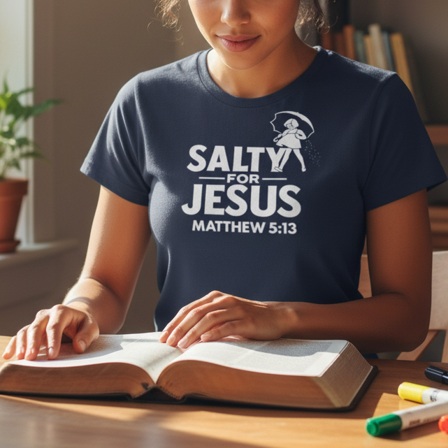 Woman reading a book in a home setting with a 'Salty for Jesus' t-shirt.