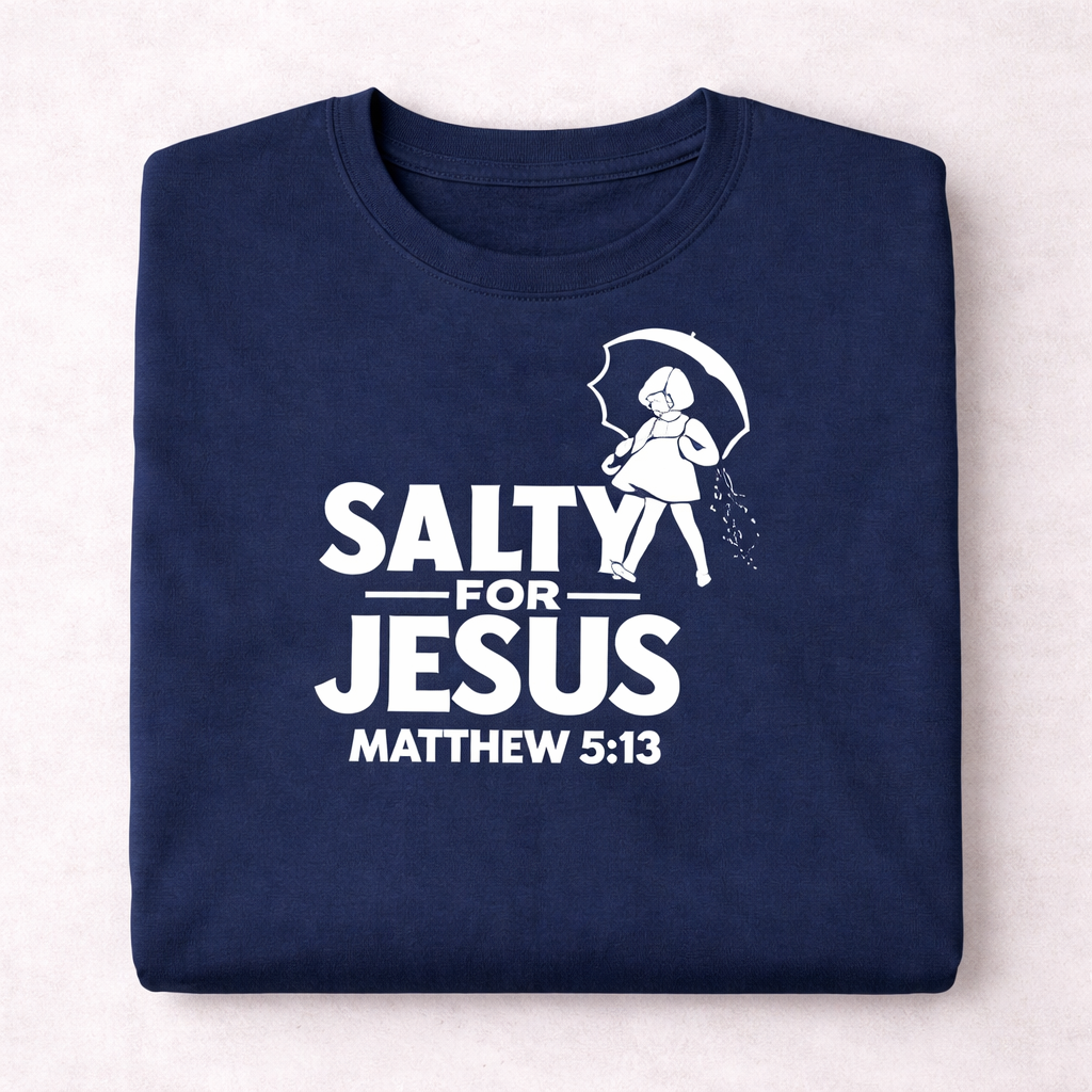Navy blue t-shirt with 'Salty for Jesus' design and Matthew 5:13 text on a white background