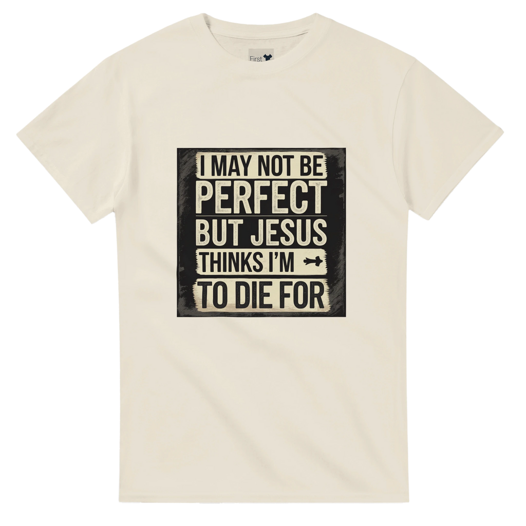 Beige t-shirt with a humorous graphic and text on a white background