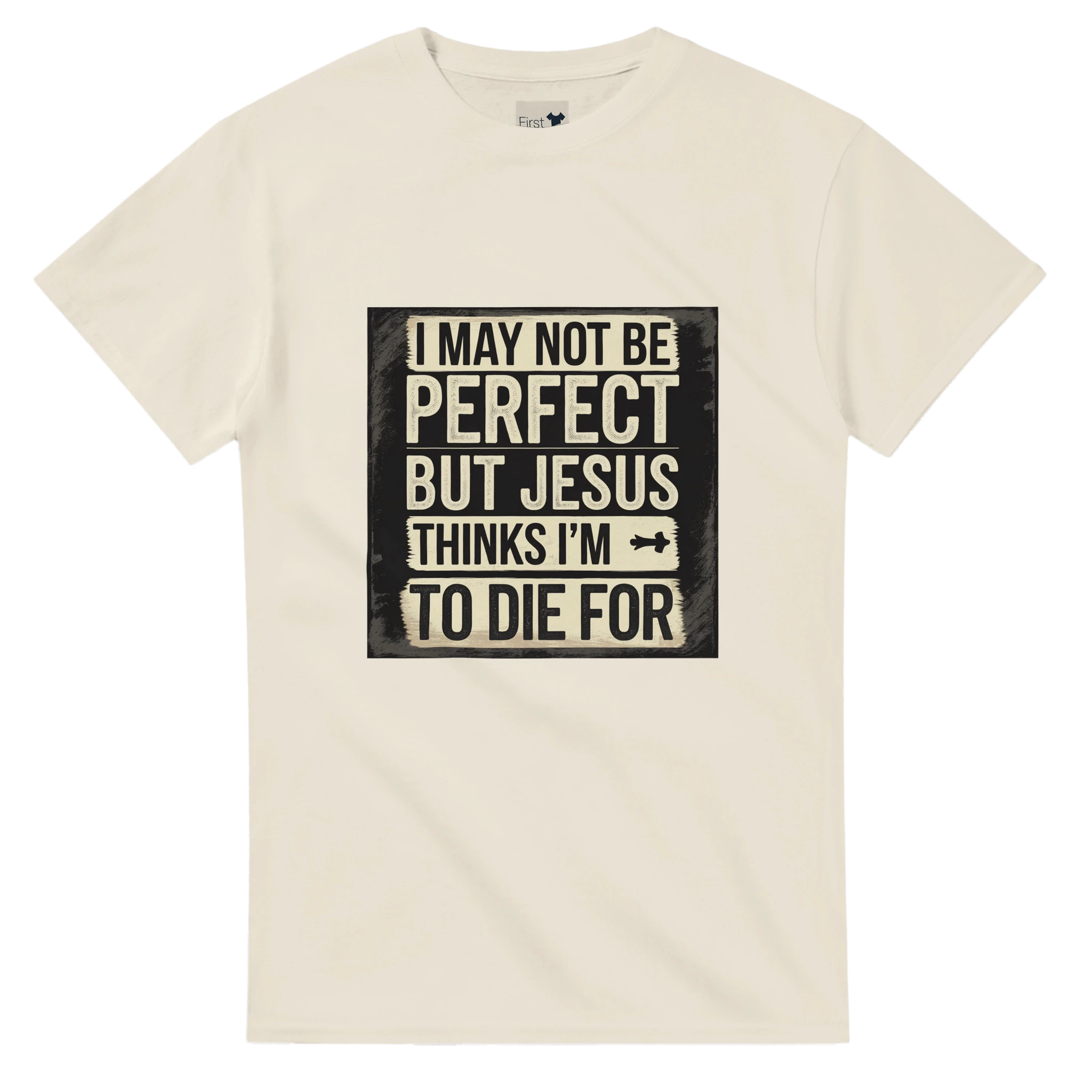 Beige t-shirt with a humorous graphic and text on a white background