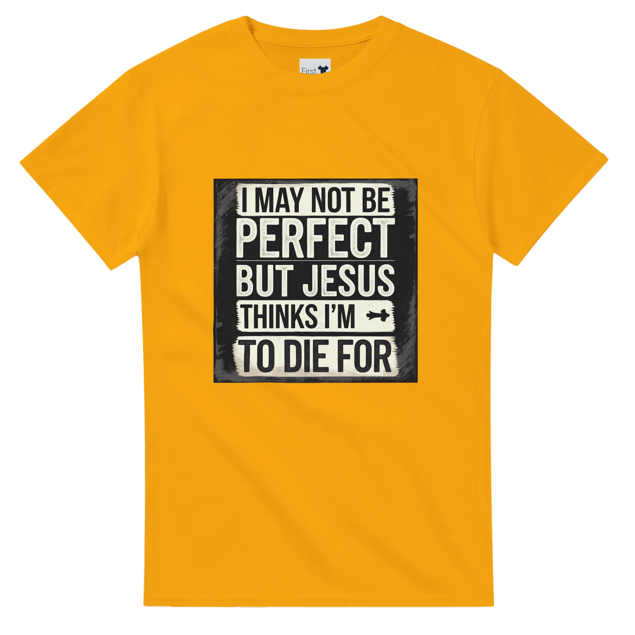 Yellow t-shirt with a humorous text design on a white background