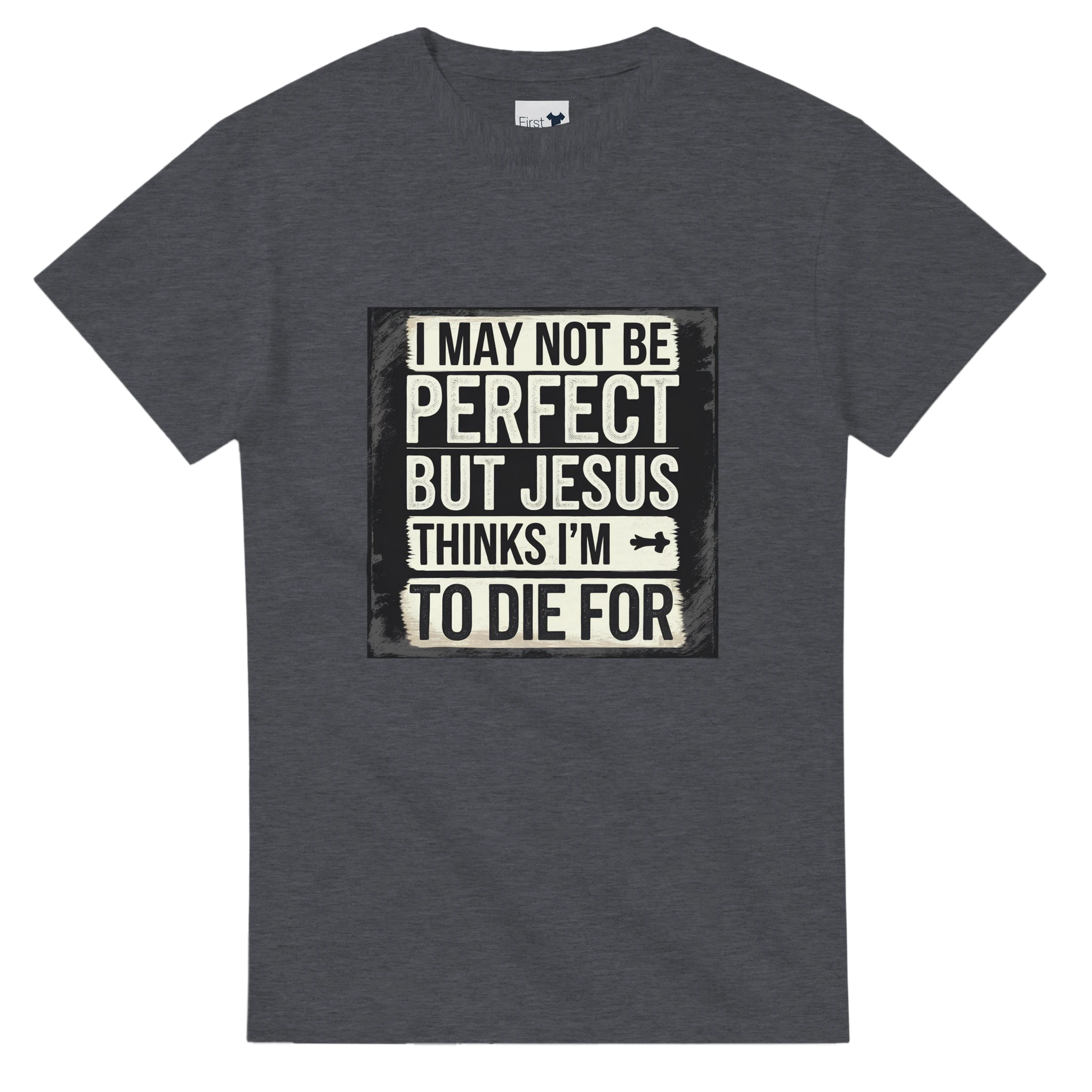 Gray t-shirt with humorous text design on a white background