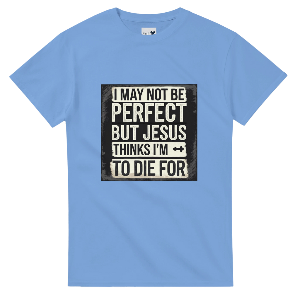 Light blue t-shirt with a humorous graphic and text on a white background
