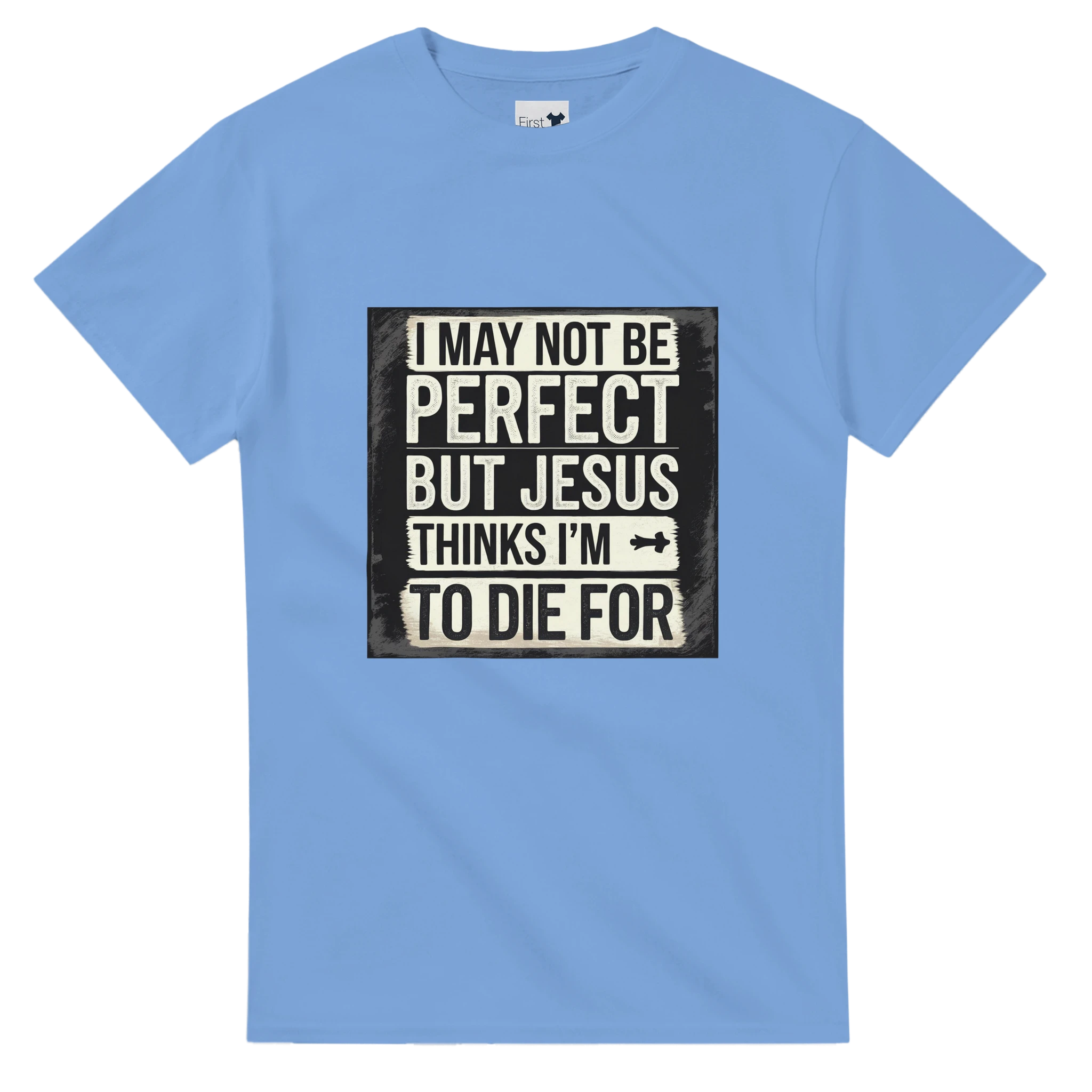 Light blue t-shirt with a humorous graphic and text on a white background