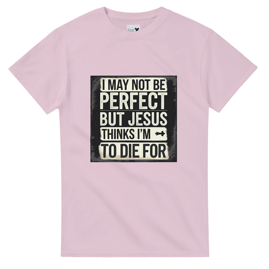 Pink t-shirt with a humorous text design on a white background