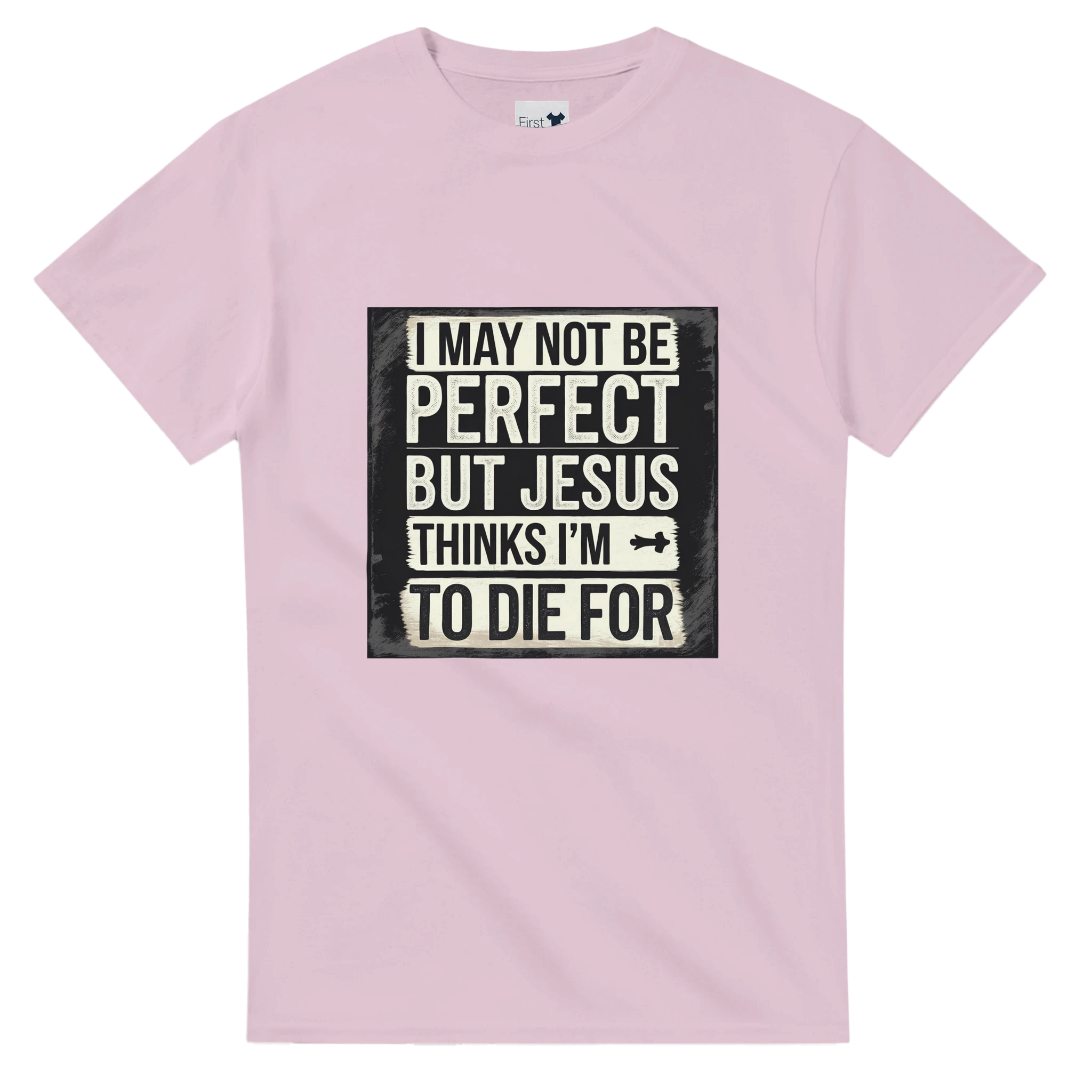 Pink t-shirt with a humorous text design on a white background