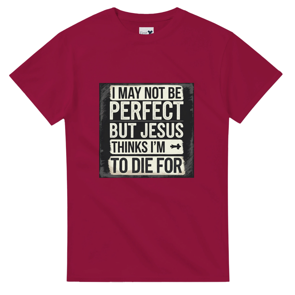 Maroon t-shirt with a humorous graphic and text on a white background