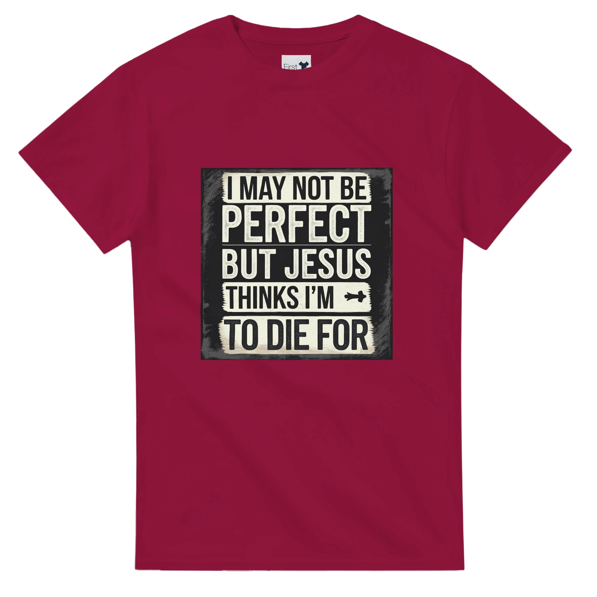 Maroon t-shirt with a humorous graphic and text on a white background