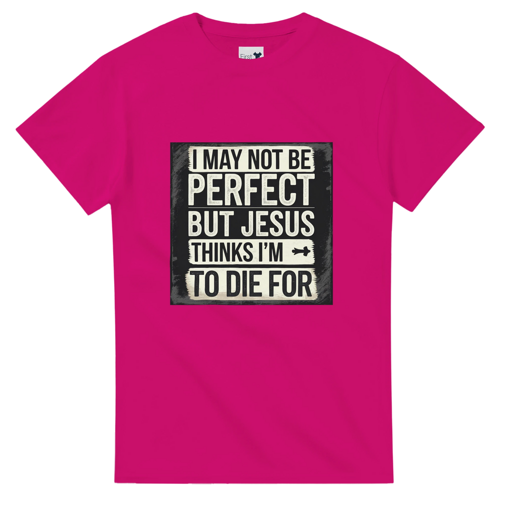 Pink t-shirt with a humorous text design on a white background