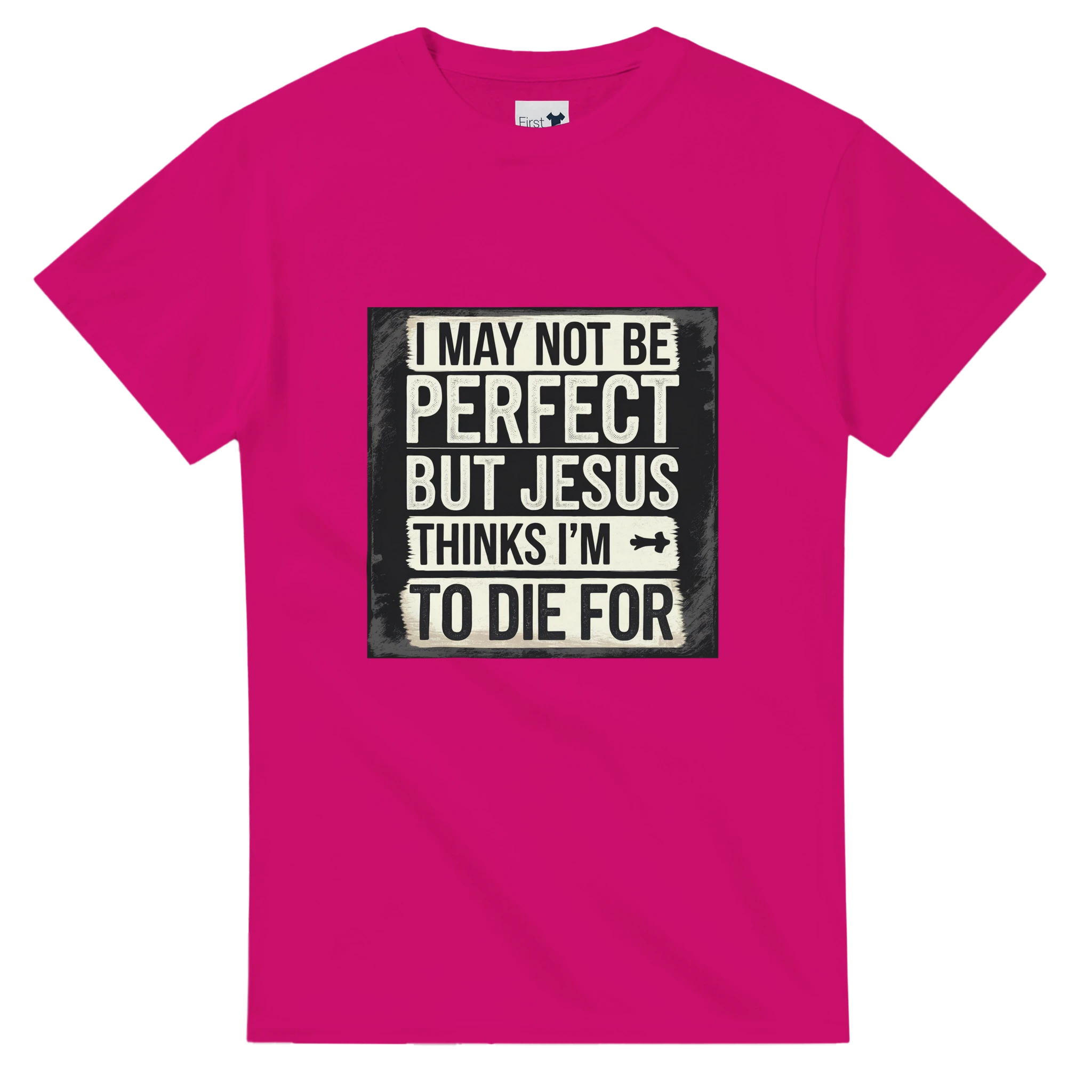 Pink t-shirt with a humorous text design on a white background