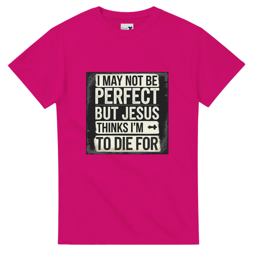 Pink t-shirt with a humorous text design on a white background