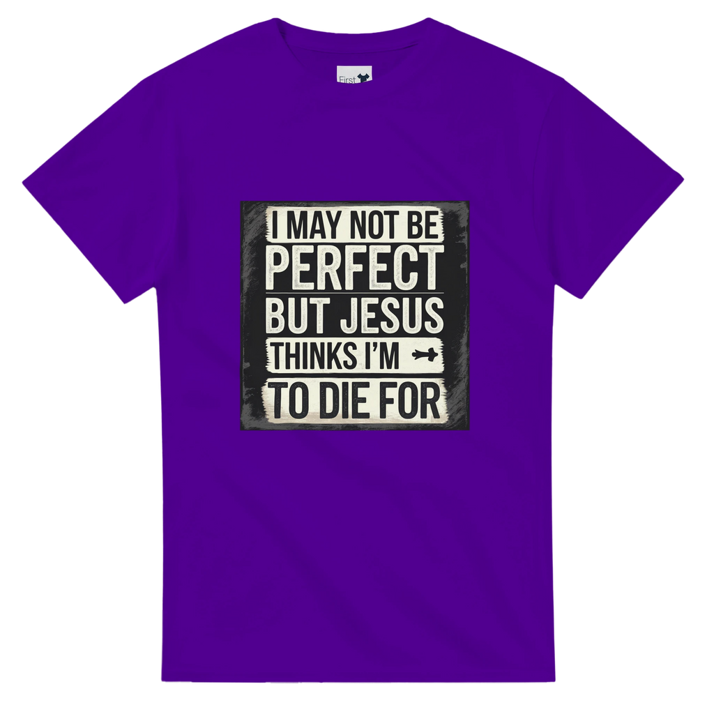 Purple t-shirt with humorous text design on a white background