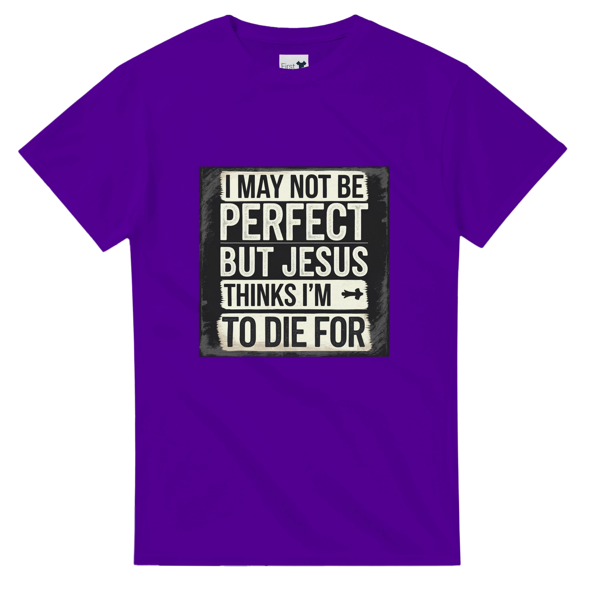 Purple t-shirt with humorous text design on a white background