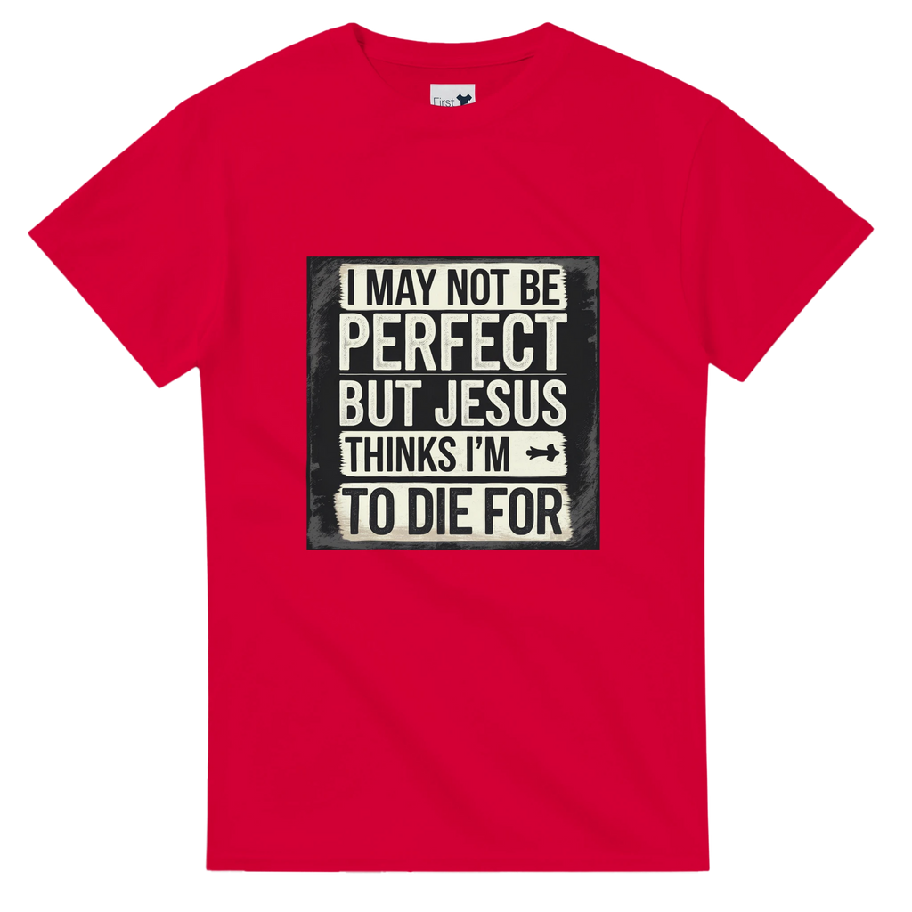 Red t-shirt with a humorous graphic and text on a white background