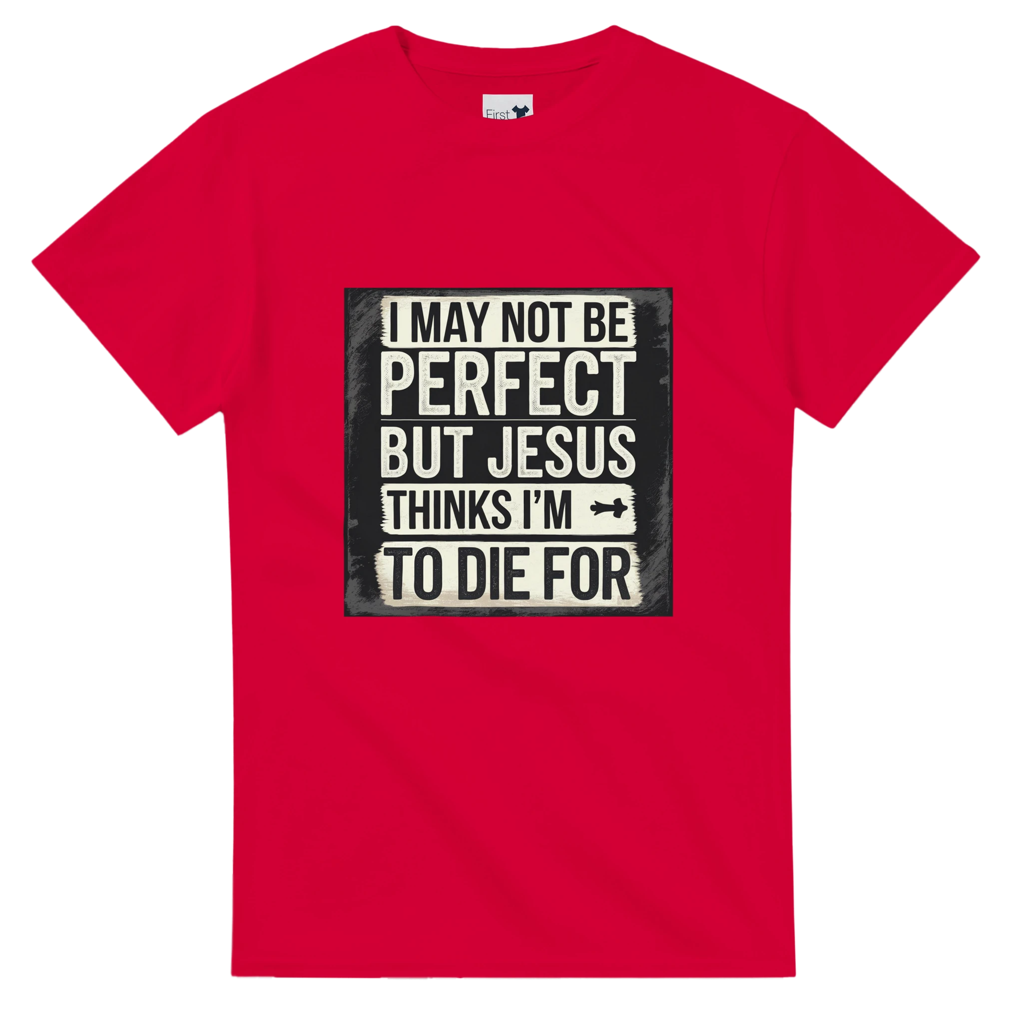 Red t-shirt with a humorous graphic and text on a white background