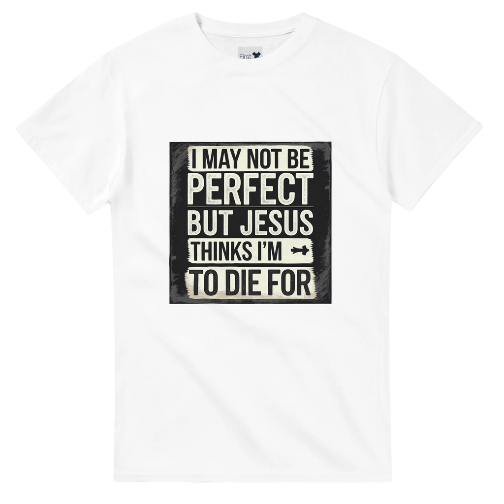 White t-shirt with a black and white graphic and text on a white background
