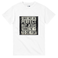 White t-shirt with a black and white graphic and text on a white background