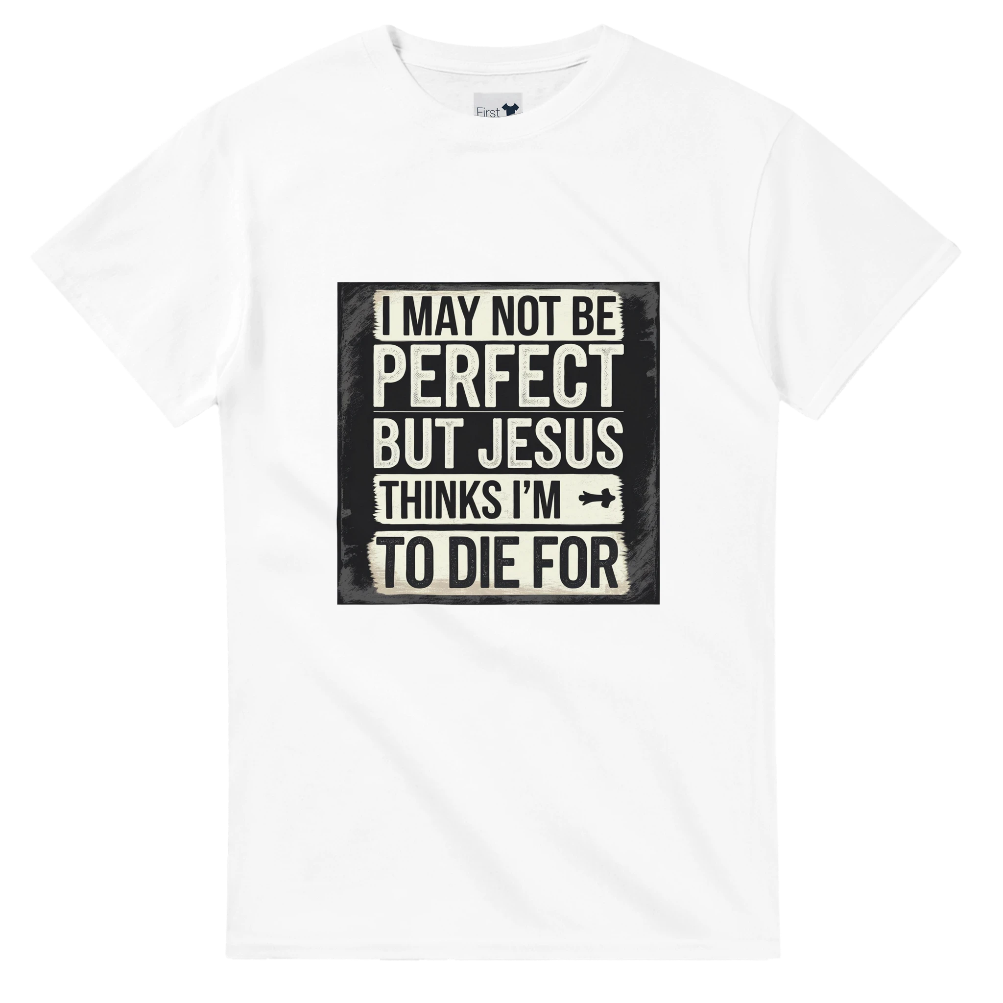 White t-shirt with a black and white graphic and text on a white background