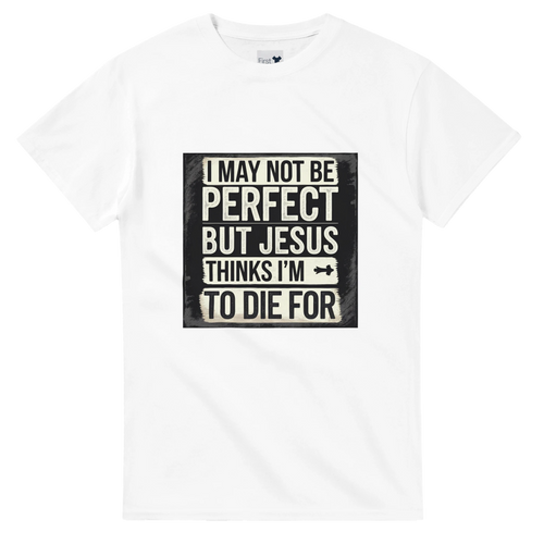 White t-shirt with a black and white graphic and text on a white background