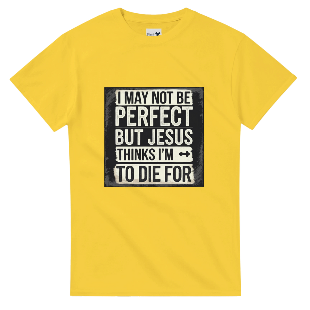 Yellow t-shirt with a black and white graphic and text on a white background