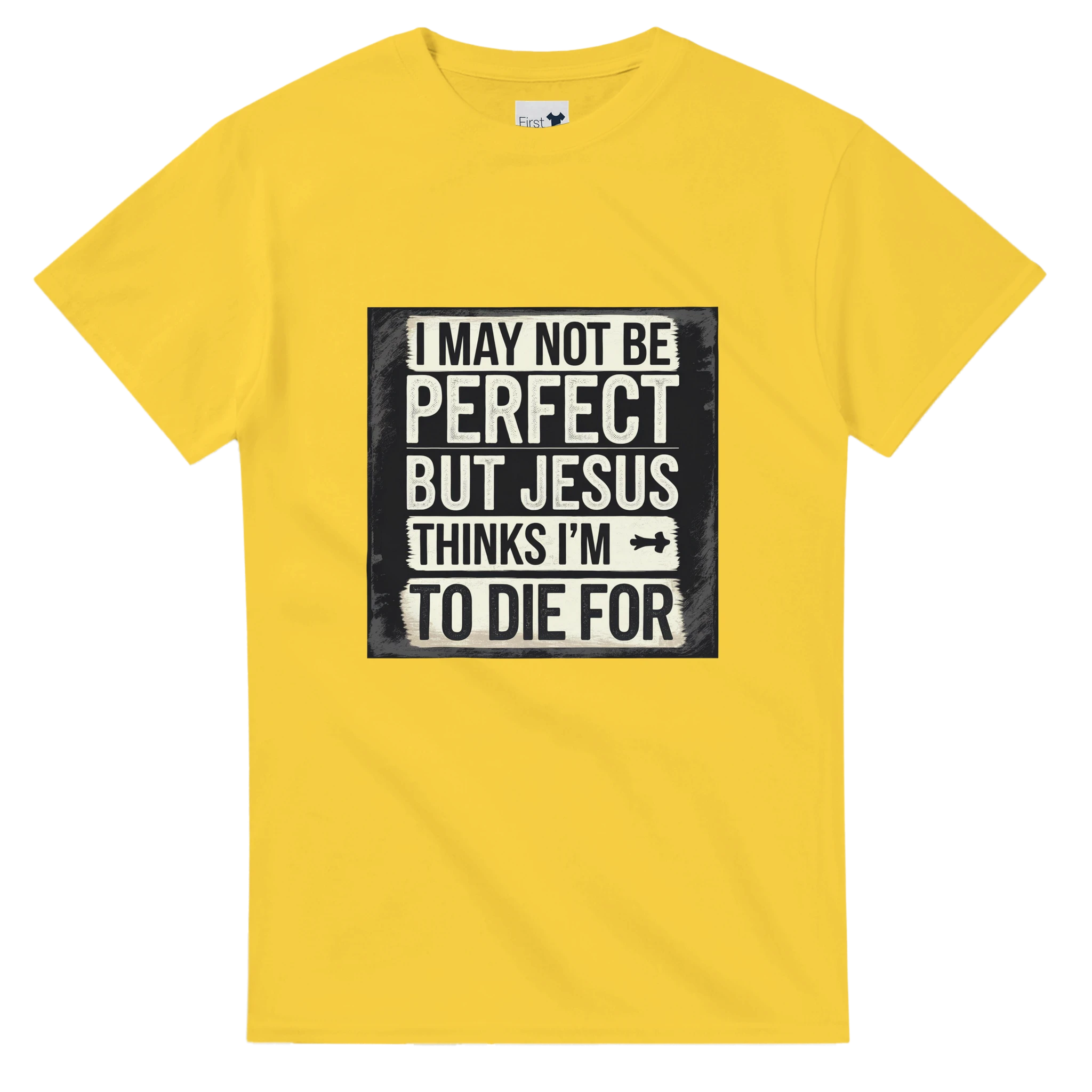 Yellow t-shirt with a black and white graphic and text on a white background