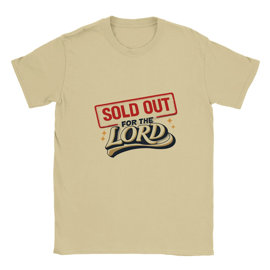 Beige t-shirt with 'Sold Out for the Lord' text design on a white background